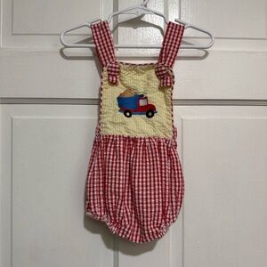 Boys Dump Truck Bubble 3 Month Embroidered Outfit Seersucker Red Yellow
